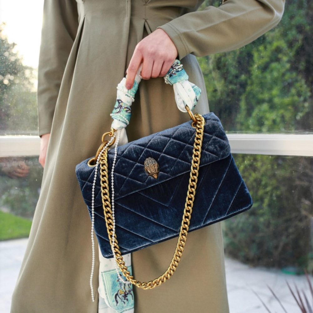 Kurt Geiger blue and gold chain velvet bag eagle